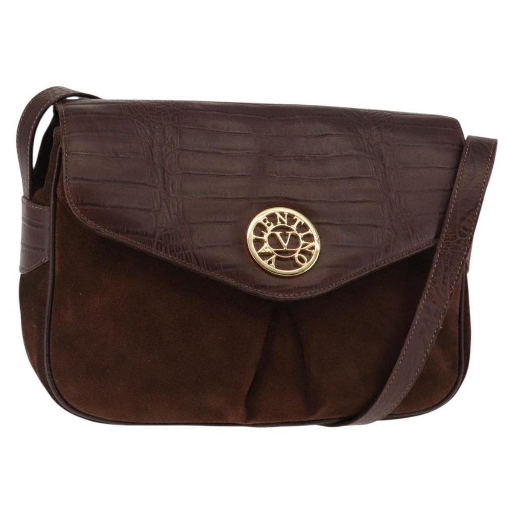 Authentic Valentino Embossing Shoulder Bag Suede Leather Brown Gold